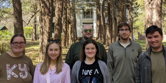 Sophomore Halley Winstead, English education major; junior Bailee Good, English major; junior Mack Gibson (rear row middle), English major; junior Esther Fugate (front row middle), film and media arts major; junior Clay Cartmell, English major; and sophomore Aiden Worrix, English education major.