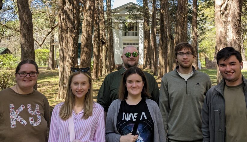 Sophomore Halley Winstead, English education major; junior Bailee Good, English major; junior Mack Gibson (rear row middle), English major; junior Esther Fugate (front row middle), film and media arts major; junior Clay Cartmell, English major; and sophomore Aiden Worrix, English education major.