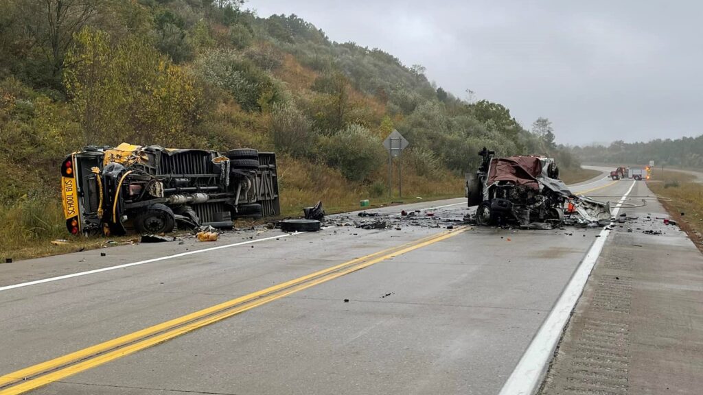 A photo shared by the Mingo County Sheriff's Office shows the crash involving a school bus and a truck. The driver of the truck was killed.