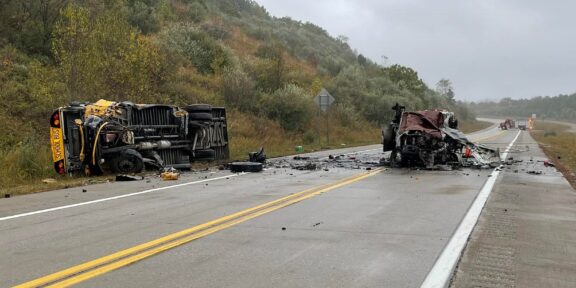 A photo shared by the Mingo County Sheriff's Office shows the crash involving a school bus and a truck. The driver of the truck was killed.