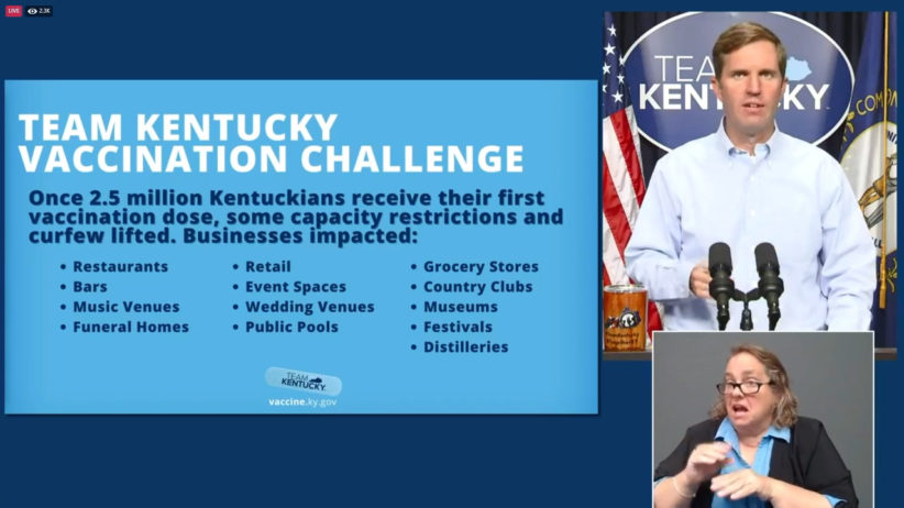 Gov. Andy Beshear said Monday that most public venues will be able to reopen at full capacity, once the state reaches 2.5 million vaccinations. Currently, nearly 1.6 million Kentuckians have been vaccinated.