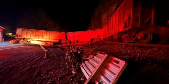 A train derailment near Hanover, W.Va., has closed U.S. 52 for up to 24 hours, while crews work to clean up the spill. (photo courtesy Craig Blankenship)