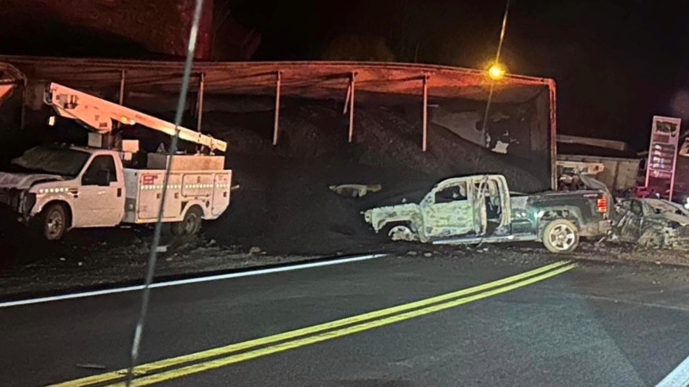 The derailment happened at Hanover Wrecker Service, resulting in train cars landing on top of several automobiles. (photo courtesy Craig Blankenship)