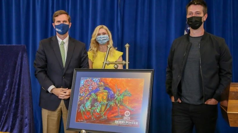 Gov. Andy Beshear and First Lady Britainy Beshear, with Kentucky Derby Festival poster artist Lennon Michalski and his creation.
