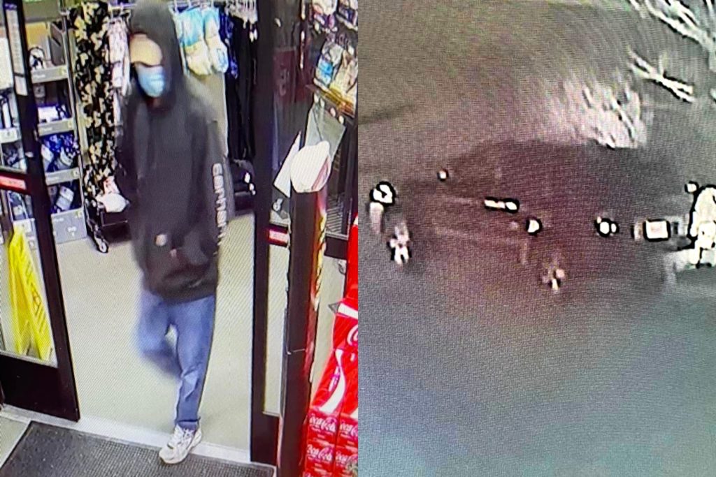Security camera photos of the suspect and vehicle used in Monday night's robbery.
