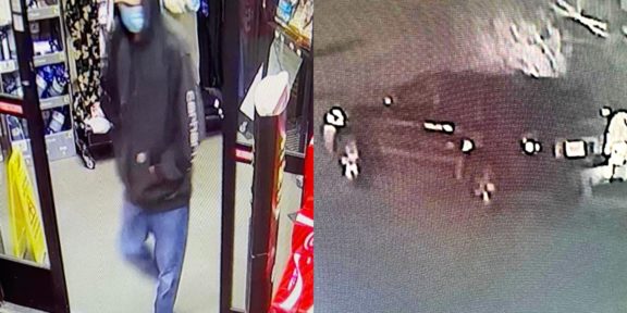 Security camera photos of the suspect and vehicle used in Monday night's robbery.