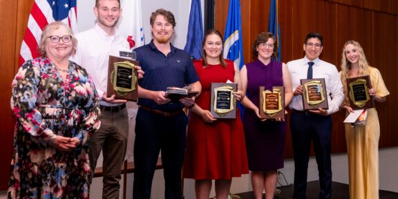 Ram's Head Award winners pictured with Laura Griffin, D.O., FAAO, associate dean of osteopathic principles and practices. From left, Dr. Griffin, Ian Kania, D.O., William Watson, D.O., Mackenzie Yohey, D.O., Christina Belcher, D.O., Rodolfo Zevallos, D.O., and Emily Sydow, D.O.
