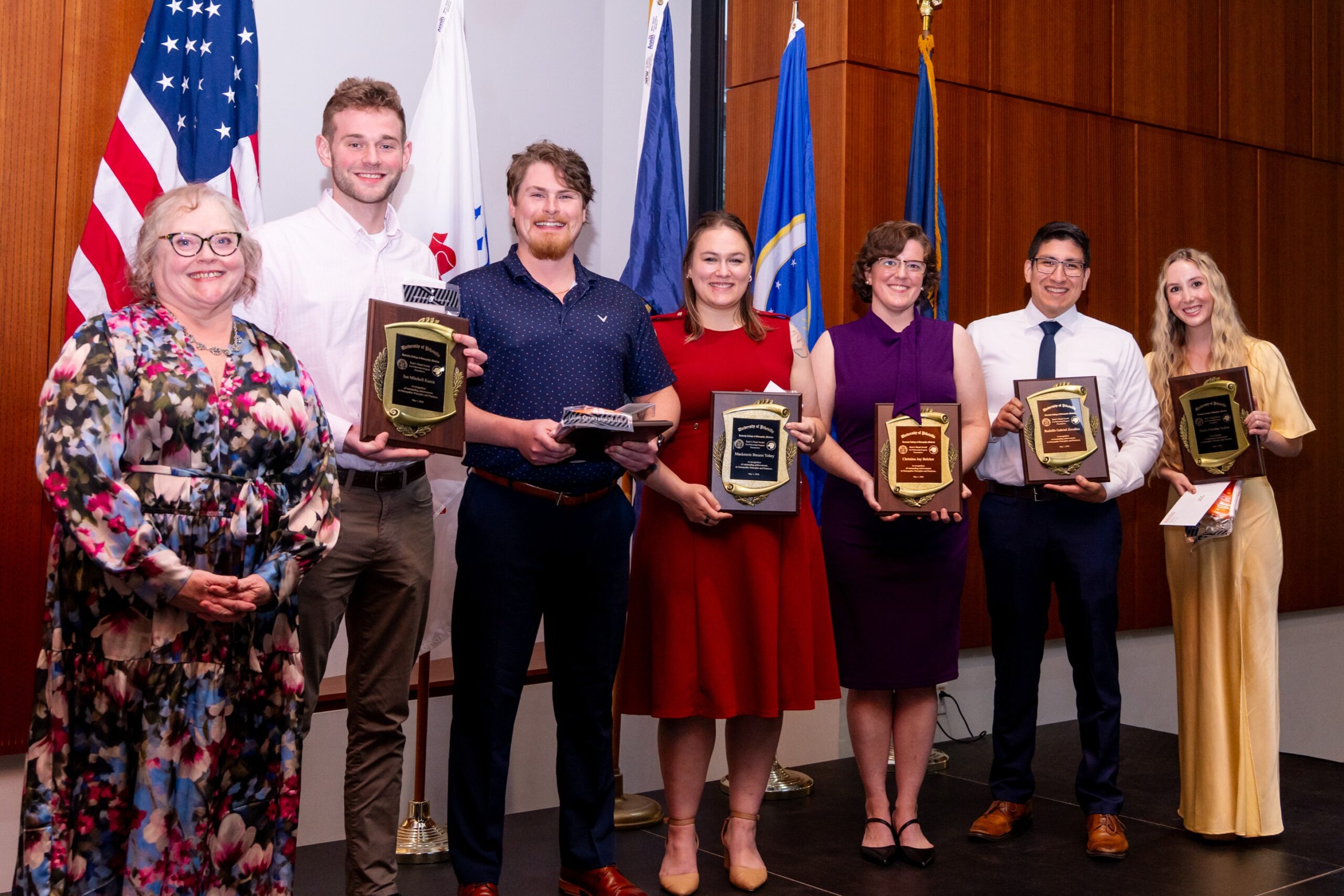 Ram's Head Award winners pictured with Laura Griffin, D.O., FAAO, associate dean of osteopathic principles and practices. From left, Dr. Griffin, Ian Kania, D.O., William Watson, D.O., Mackenzie Yohey, D.O., Christina Belcher, D.O., Rodolfo Zevallos, D.O., and Emily Sydow, D.O.