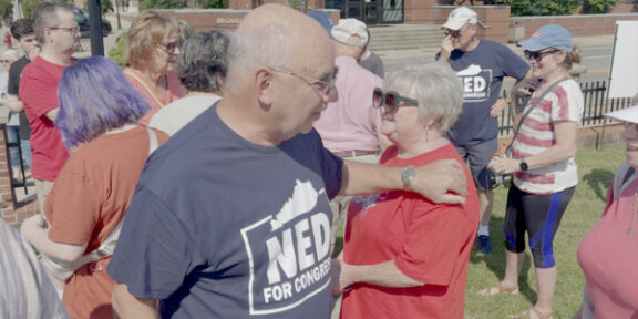 Prestonsburg attorney Ned Pillersdorf greets supporters on his way to the microphone to announce bid to challenge U.S. Rep. Hal Rogers for the Fifth District Congressional seat.