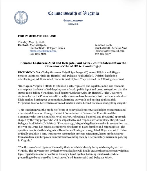Sen. Lashreese Aird and Del. Paul Krizek's reaction to the governor's veto.