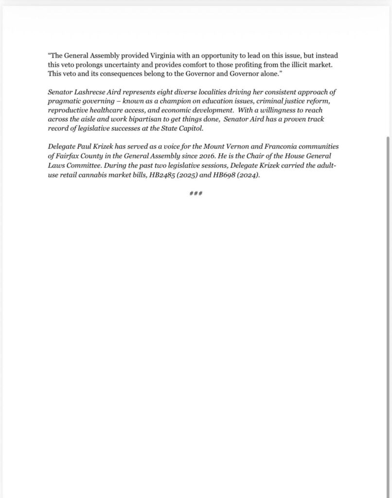 Sen. Lashreese Aird and Del. Paul Krizek's reaction to the governor's veto.