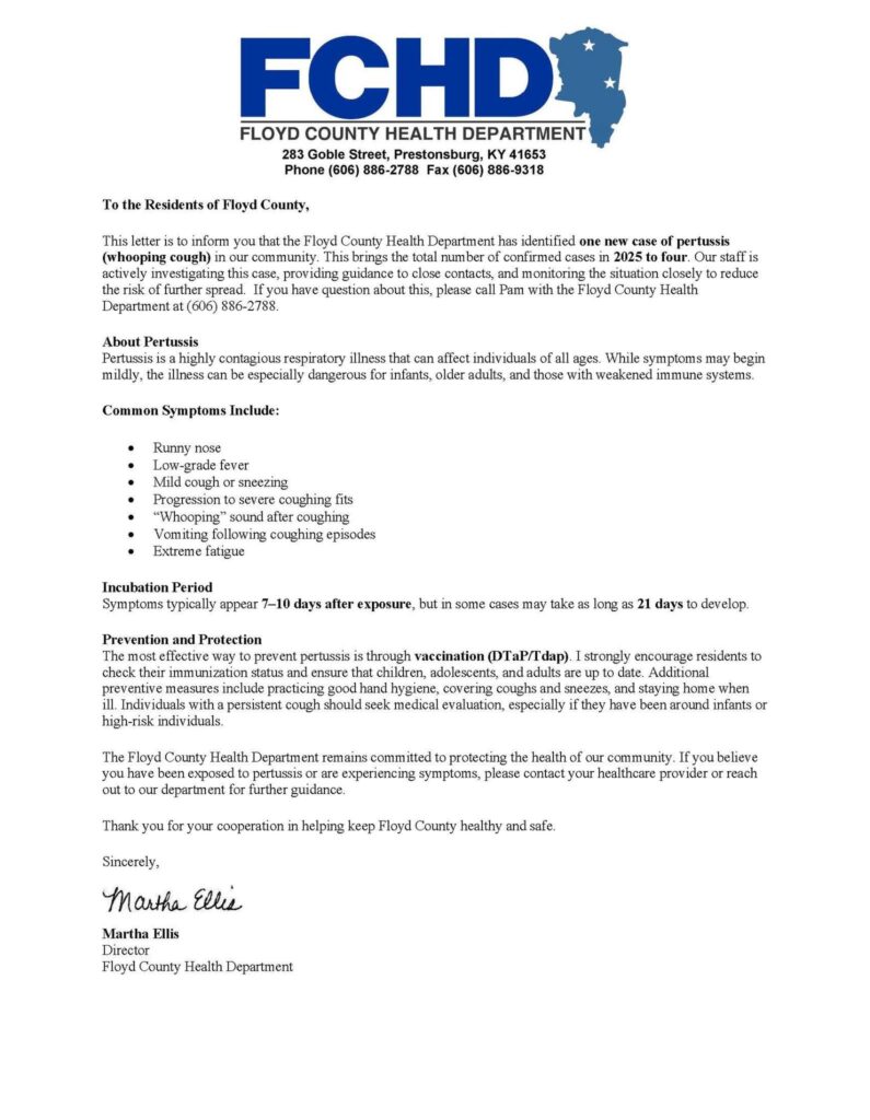 Letter from the Floyd County Health Department announcing confirmation of a case of pertussis and offering guidance.